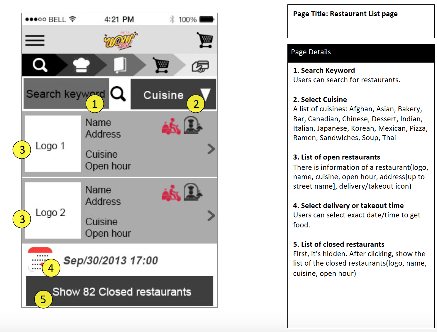 Wireframe : Restaurant List page