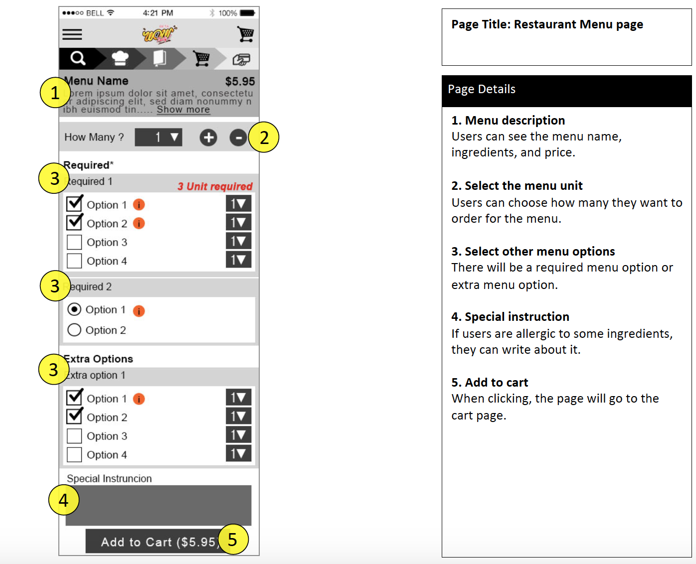 Wireframe : Restaurant Menu page