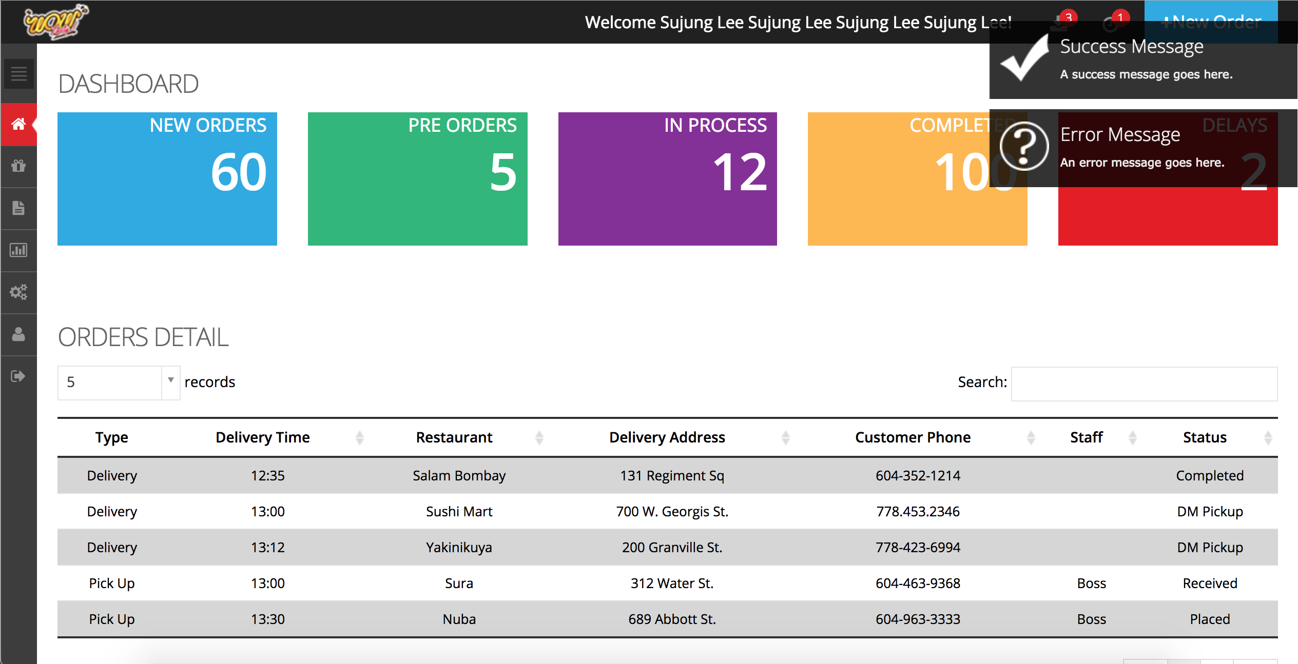 Wow Tasty Admin System - Real-time notification